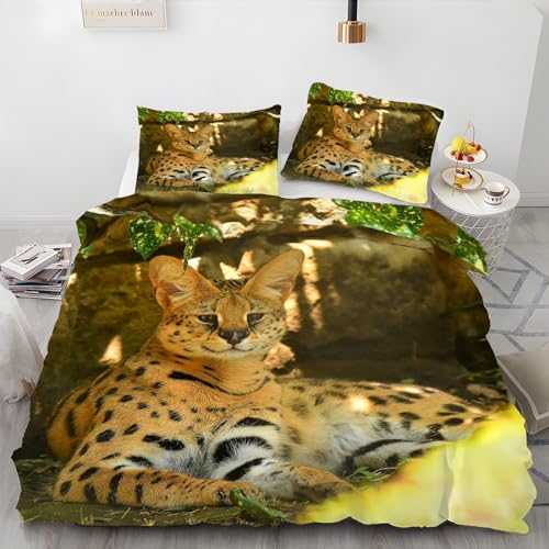 EXSANLIEAY Serval Katze Bettwäsche 135x200 Niedlich Bettbezug 3 Teilig Set mit 2 Kissenbezug 80x80 cm, Weich Mikrofaser Bettwäsche-Sets mit ReißVerschluss von EXSANLIEAY