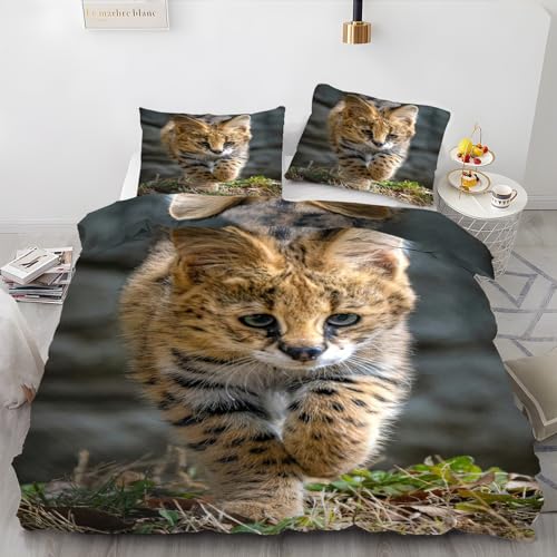 EXSANLIEAY Serval Katze Bettwäsche 135x200 Niedlich Bettbezug 3 Teilig Set mit 2 Kissenbezug 80x80 cm, Weich Mikrofaser Bettwäsche-Sets mit ReißVerschluss von EXSANLIEAY