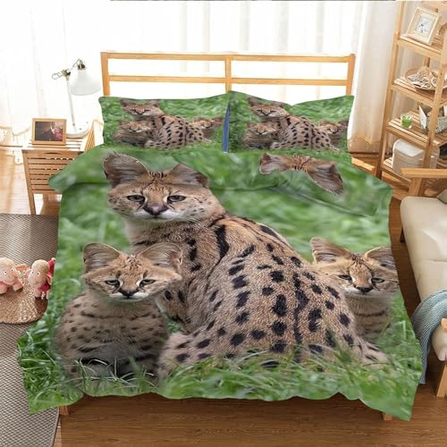 EXSANLIEAY Serval Katze Bettwäsche 135x200 Tier Bettbezug 3 Teilig Set mit 2 Kissenbezug 80x80 cm, Weich Mikrofaser Bettwäsche-Sets mit ReißVerschluss von EXSANLIEAY