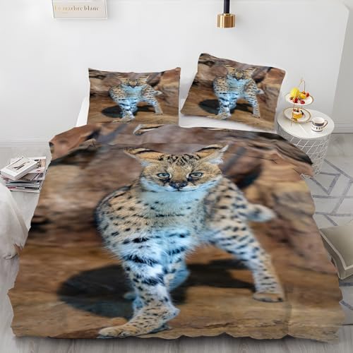 EXSANLIEAY Serval Katze Bettwäsche 135x200 Tier Bettbezug 3 Teilig Set mit 2 Kissenbezug 80x80 cm, Weich Mikrofaser Bettwäsche-Sets mit ReißVerschluss von EXSANLIEAY