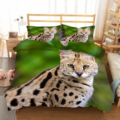 EXSANLIEAY Serval Katze Bettwäsche 135x200 Tier Bettbezug 3 Teilig Set mit 2 Kissenbezug 80x80 cm, Weich Mikrofaser Bettwäsche-Sets mit ReißVerschluss von EXSANLIEAY