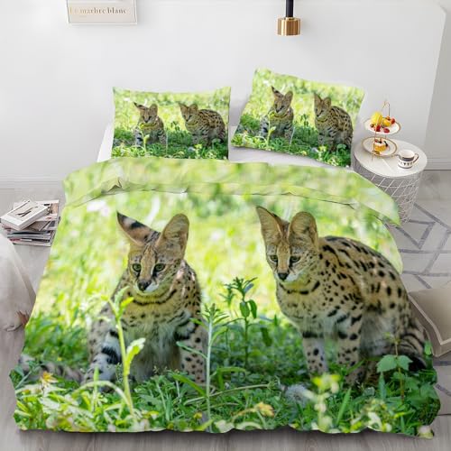 EXSANLIEAY Serval Katze Bettwäsche 135x200 Wiese Bettbezug 3 Teilig Set mit 2 Kissenbezug 80x80 cm, Weich Mikrofaser Bettwäsche-Sets mit ReißVerschluss von EXSANLIEAY