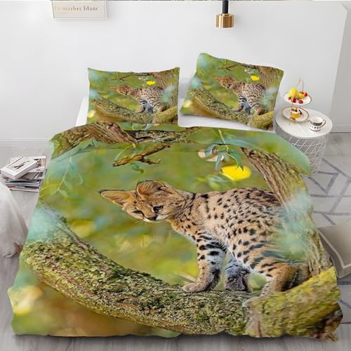 EXSANLIEAY Serval Katze Bettwäsche 135x200 Wilde Tiere Bettbezug 3 Teilig Set mit 2 Kissenbezug 80x80 cm, Weich Mikrofaser Bettwäsche-Sets mit ReißVerschluss von EXSANLIEAY