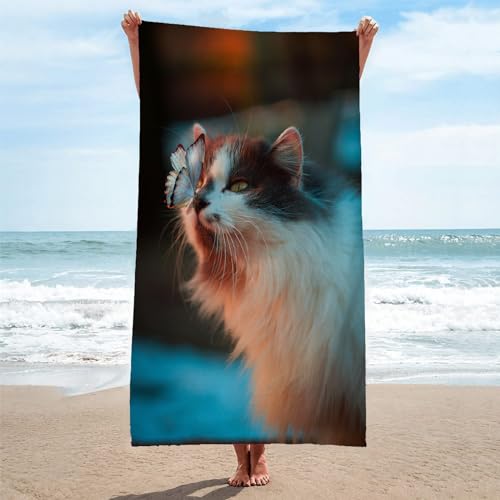 EXSANLIEAY Strandtuch Schmetterling Microfaser HandtüCher Katze Badetuch 70x150, Pflegeleicht, Sandfreies, SaugfäHig Tragbar Fitness Badetuch, Perfekt für Strand Schwimmen von EXSANLIEAY