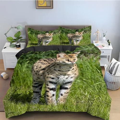 EXSANLIEAY Tiger Katze Bettwäsche 135x200 grünes Gras Bettbezug 3 Teilig Set mit 2 Kissenbezug 80x80 cm, Weich Mikrofaser Bettwäsche-Sets mit ReißVerschluss von EXSANLIEAY