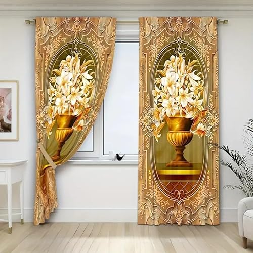 EXSANLIEAY Verdunklungsvorhänge Lilie, Vorhang Blickdicht Gold Vorhänge mit öSen 2er Set für Schlafzimmer Kinderzimmer, Deko Gardinen Wohnzimmer - B140 x H220 cm von EXSANLIEAY