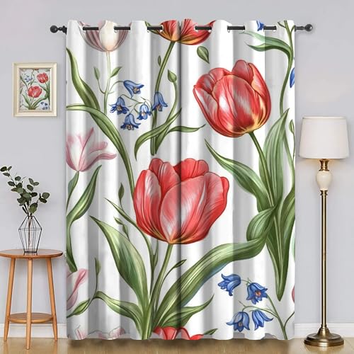 EXSANLIEAY Verdunklungsvorhänge Tulpe, Vorhang Blickdicht Blumen Vorhänge mit öSen 2er Set für Schlafzimmer Kinderzimmer, Deko Gardinen Wohnzimmer - B117 x H137 cm von EXSANLIEAY