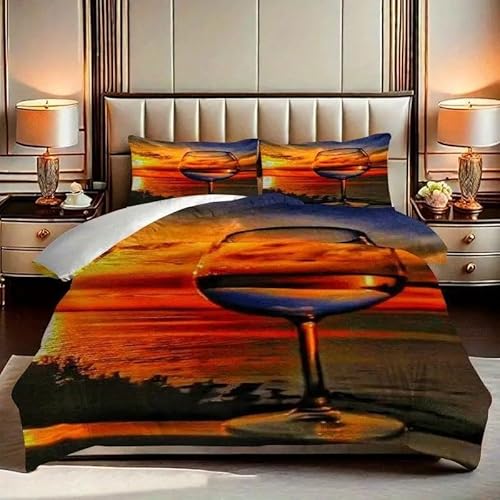 EXSANLIEAY Weinglas Bettwäsche-Sets 155x220 cm AbenddäMmerung Bettbezug Kreatives 3D Effekt Weich Microfaser Deckenbezug mit Reißverschluss und 2 Kissenbezug 80x80 cm von EXSANLIEAY