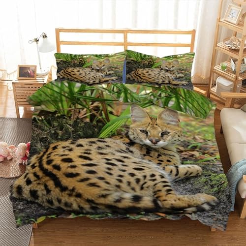 EXSANLIEAY Wilde Tiere Bettwäsche 135x200 Serval Katze Bettbezug 3 Teilig Set mit 2 Kissenbezug 80x80 cm, Weich Mikrofaser Bettwäsche-Sets mit ReißVerschluss von EXSANLIEAY