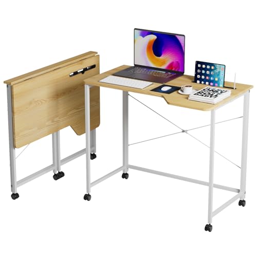 EXSELTMAN Kleiner klappbarer Schreibtisch,Schreibtisch Faltbar mit Rollen Tisch Faltbar Computertisch mit einen Einschnitt und drehbarer Rollen Computertisch PC Tisch mit Tablet-Schlitz (Holzfarbe) von EXSELTMAN
