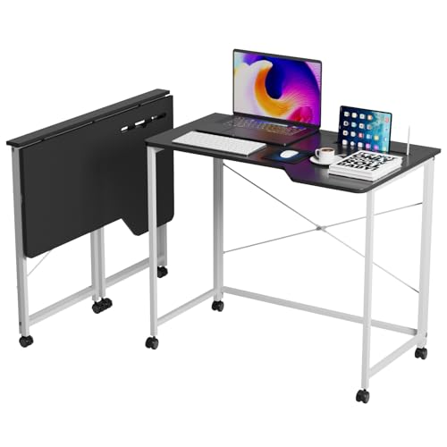 EXSELTMAN Kleiner klappbarer Schreibtisch,Schreibtisch Faltbar mit Rollen Tisch Faltbar Computertisch mit einen Einschnitt und drehbarer Rollen Computertisch PC Tisch mit Tablet-Schlitz (Schwarz) von EXSELTMAN