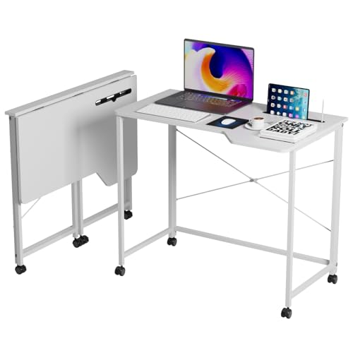 EXSELTMAN Kleiner klappbarer Schreibtisch,Schreibtisch Faltbar mit Rollen Tisch Faltbar Computertisch mit einen Einschnitt und drehbarer Rollen Computertisch PC Tisch mit Tablet-Schlitz (Weiß) von EXSELTMAN