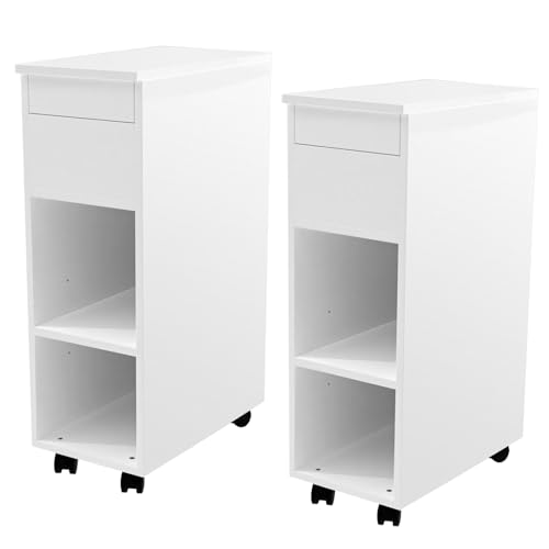 EXSELTMAN Nachtschrank 2er Set, Nachtschrank schmal mit Rollen, Nachttisch weiß 2er Set, offenen Ablagen und Schiebeschublade, nachtschrank schwarz, Sofatisch Beistelltisch, 45x25x70cm von EXSELTMAN