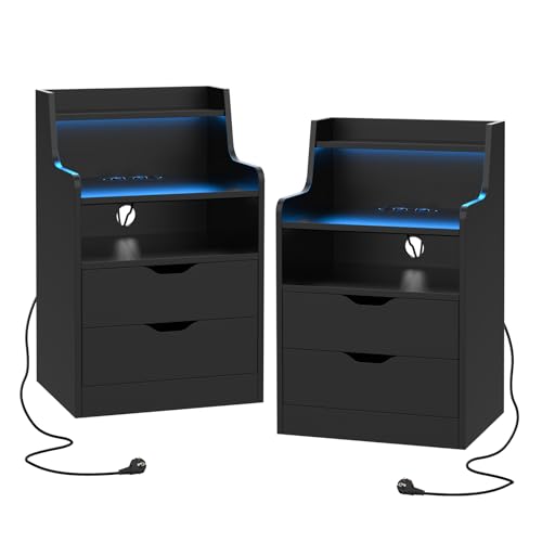 EXSELTMAN Nachtschrank 2er Set, Nachttisch mit Steckdose, Nachttisch weiß 2er Set, Nachtschrank mit Led, offenen Ablagen und Schublade, nachtschrank schwarz, Sofatisch Beistelltisch 45x35x72.5cm von EXSELTMAN