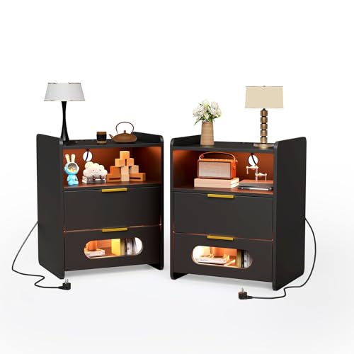 EXSELTMAN Nachtschrank 2er Set, Nachttisch mit Steckdose, Nachttisch weiß 2er Set, Nachtschrank mit Led, offenen Ablagen und Schublade, nachtschrank schwarz, Sofatisch Beistelltisch 50x40x64 cm EXSELTMAN Nachtschrank 2er Set, Nachttisch mit Steckdose, Nachttisch weiß 2er Set, Nachtschrank mit Led, offenen Ablagen und Schublade, nachtschrank schwarz, Sofatisch Beistelltisch 50x40x64 cm von EXSELTMAN
