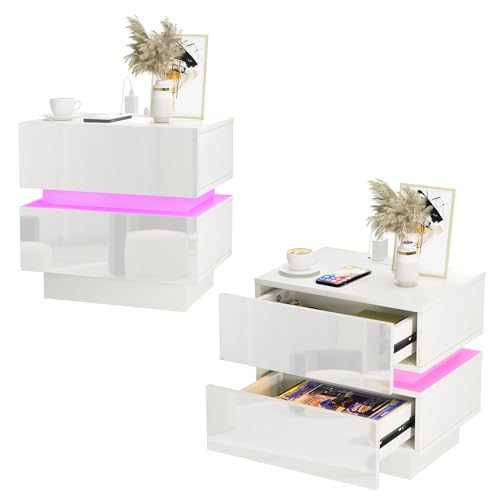 EXSELTMAN Nachttisch 2er Set, LED Nachttisch mit Ladestation, 2 Schubladen,2 AC-Steckdosen, 2 USB-Anschlüsse, Beistelltisch Nachtschrank für Schlafzimmer Wohnzimmer 45x35x46cm von EXSELTMAN