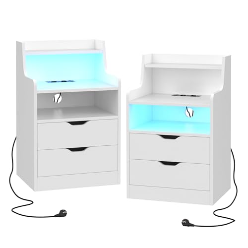 EXSELTMAN Nachttisch 2er Set, Nachtschrank mit LED Beleuchtung, Nachttisch weiß mit 2 Schubladen, 2 AC Steckdosen, 2 USB Anschlüsse, für Schlafzimmer Wohnzimmer 45x35x72.5cm von EXSELTMAN