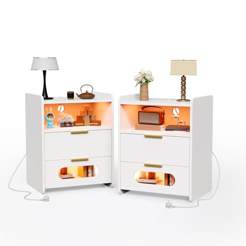 EXSELTMAN Nachttisch 2er Set, Nachtschrank mit LED Beleuchtung, Nachttisch weiß mit 2 Schubladen, 2 AC Steckdosen, 2 USB Anschlüsse, für Schlafzimmer Wohnzimmer 50x40x64 cm von EXSELTMAN