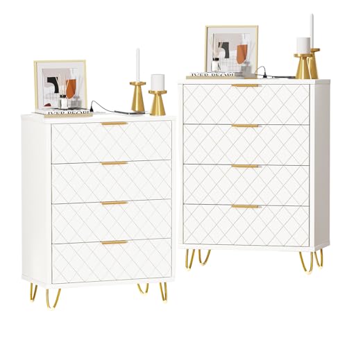 EXSELTMAN Nachttisch 2er Set,Nachtschrank mit ladefunktion, Nachttisch mit Steckdose, 4 Schubladen, 2 AC Steckdosen, 2 USB Anschlüsse, Kommode Schlafzimmer, für Schlafzimmer Wohnzimmer 60x34x91.5cm von EXSELTMAN