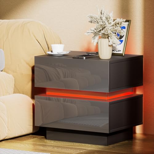 Nachttisch mit Steckdose, 2 AC Steckdosen, 2 USB-Anschlüsse, Nachtschrank 16 Farblicht, Beistelltisch mit Verstellbarer LED-Beleuchtung, 2 Schublade Hochglanz, Modern 45x35x46cm von EXSELTMAN