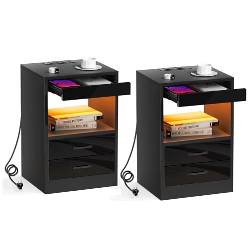 EXSELTMAN Nachttisch Schwarz, 2er Set, Nachttisch mit led, 2 AC-Steckdosen, 2 USB-Anschlüsse, 3 Schubladen Und Offener Raum, für Schlafzimmer Wohnzimmer 40x35x60cm von EXSELTMAN