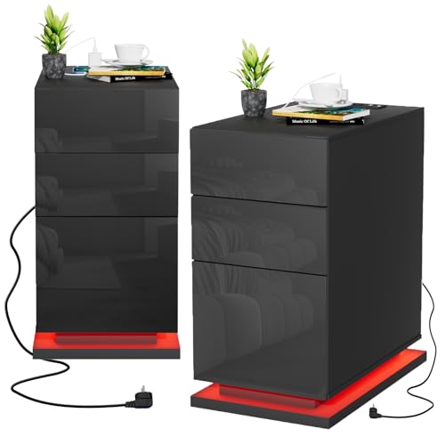 EXSELTMAN Nachttisch Schwarz 2er Set, Nachtschrank mit Led, Nachtschrank Schmal 2 AC Steckdosen, 2 USB Anschlüsse, Modern Minimalistisch für Schlafzimmer Wohnzimmer 50x30x63 cm von EXSELTMAN