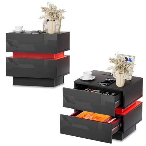 EXSELTMAN Nachttisch Schwarz 2er Set, Nachtschrank mit Led Licht und Steckdose, 2 AC-Steckdosen, 2 USB-Anschlüsse,Modern Minimalistisch für Schlafzimmer Wohnzimmer 45x35x46cm von EXSELTMAN