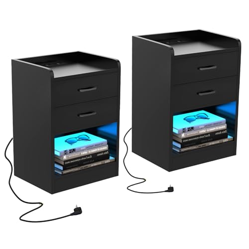 EXSELTMAN Nachttisch Schwarz 2er Set, Nachttisch led mit Steckdose, 2 Schubladen Und Offener Raum, 2 AC Steckdosen, 2 USB Anschlüsse, Beistelltisch Nachtschrank 40x35x65cm von EXSELTMAN