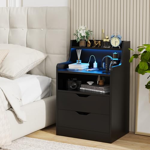 Nachttisch mit led, Einstellbare 16 Farben, 2 Schublade und offenen Ablagen, Nachttisch mit Ladefunktion, 2 AC Steckdosen, 2 USB-Anschlüsse, Nachtschrank Schwarz 45x35x72.5cm von EXSELTMAN