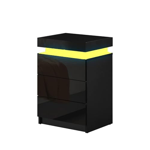 Nachttisch LED,Nachttisch mit Beleuchtung Nachttisch schwarz Hochglanz Nachttisch mit 16 Farben LED, verstellbar Nachttisch mit 3 Schubladen mit 1 Scharnierdeckel (Schwarz, 45 x 35 x 61 cm) von EXSELTMAN