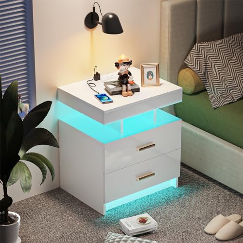 LED-Nachttisch mit Ladestation, 16 Farben, LED, verstellbar, Nachttische mit 2 Schubladen, USB-Buchse, Beistelltisch, Hochglanz, Nachttische für Schlafzimmer (1, weiß) von EXSELTMAN