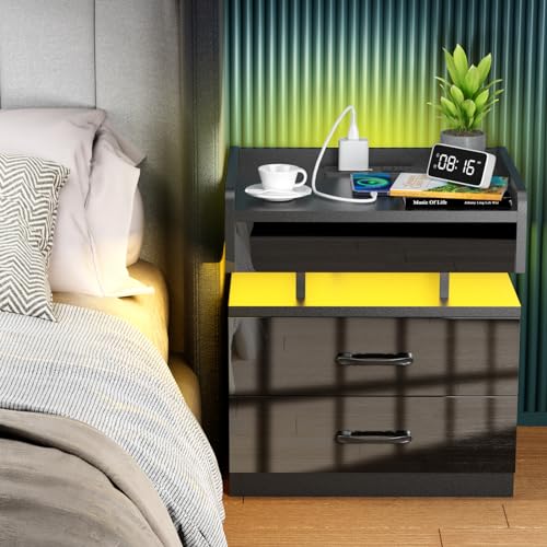 Nachttisch mit LED,Nachttisch mit Beleuchtung Nachttisch schwarz Hochglanz Nachttisch mit Steckdose Nachttisch mit ladefunktion Nachttisch mit 2 Schubladen,16 Farben LED für Schlafzimmer(schwarz) von EXSELTMAN