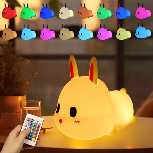 Kaninchen Nachtlicht Kinder, 16 Farben USB LED Bunny Nachttischlampe, Fernbedienung & Tap Control & Timing Funktion, Silikon Stilllicht Dimmbar für Baby Mädchen Frauen, Kinderzimmer Deko, Geschenk von EXTFANS