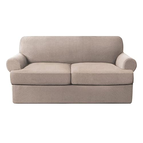 EXTLEZSA Stretch Sofa überzug 2 Sitzer Sofa Sitzkissenbezug Stretch Kissenbezug Mit 2 Separatem Sitzkissenbezug Couchüberzug Möbelschutzbezug Für Hunde Haustiere (Klein,Khaki) von EXTLEZSA