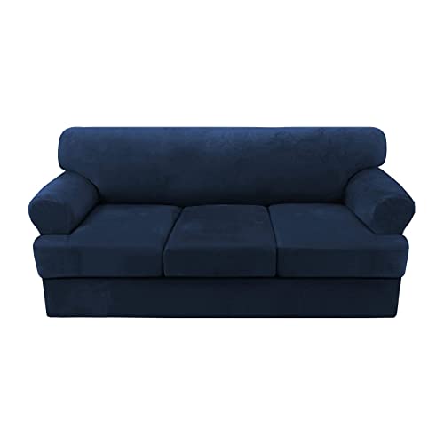 EXTLEZSA Stretch Sofabezug 2/3 Sitzer Couchbezüge Für T Kissen Sofa Schonbezüge Mit Separatem Sitzbezüge Sofa Sofahusse Mit Elastische Bänder Für Wohnzimmer Möbel Schutz (Large- 3 Seater,Navy Blue) von EXTLEZSA