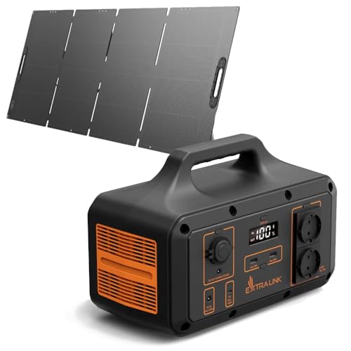 EXTRALINK Powerstation mit Solarpanel - Tragbare Powerstation 510Wh – Stromspeicher mit 230V AC, USB-C 100W & LCD – Ideal für Camping, Blackout, Stromausfälle und Notstromversorgung von EXTRALINK