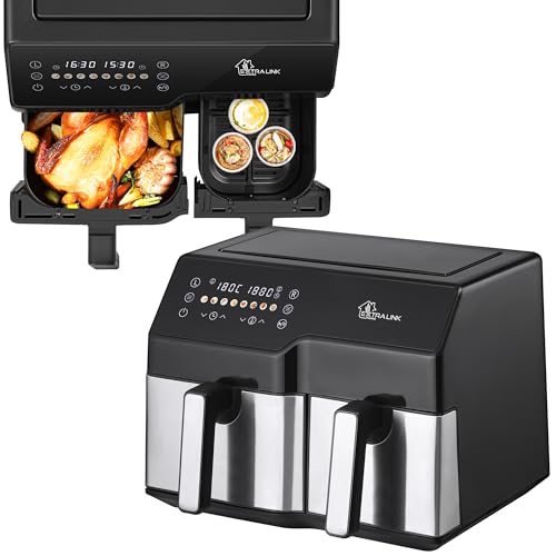 Extralink 2500W Airfryer 10L (6L + 4L) - Heißluftfritteuse Doppelkammer mit 8 Kochfunktionen, Friteuse Heißluftfritteuse, 80°C bis 200°C, Energiesparend, LED-Touchscreen, 90% Weniger Fett von EXTRALINK