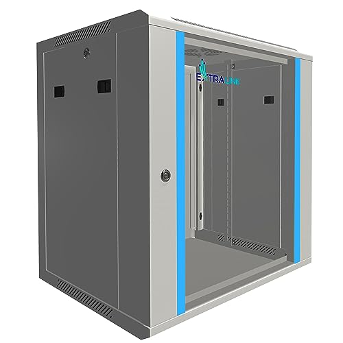 Extralink Serverschrank 19 Zoll 12HE – Netzwerkschrank 450mm Tiefe zur Wand- oder Standmontage, Traglast 60 kg, gehärtete Glastür, abschließbar 180° Öffnung, grau – für Heimnetzwerk & IT-Geräte von EXTRALINK