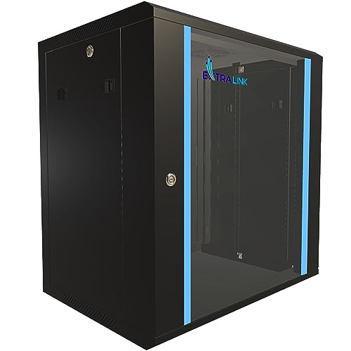 Extralink Serverschrank 19 Zoll 12HE – Netzwerkschrank 600mm Tiefe zur Wand- oder Standmontage, Traglast 60 kg, gehärtete Glastür, abschließbar 180° Öffnung, schwarz – für Heimnetzwerk & IT-Geräte von EXTRALINK