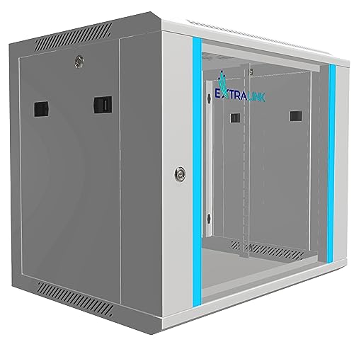 Extralink Serverschrank 19 Zoll 9HE – Netzwerkschrank 450mm Tiefe zur Wand- oder Standmontage, Traglast 60 kg, gehärtete Glastür, abschließbar 180° Öffnung, grau – ideal für Heimnetzwerk & IT-Geräte von EXTRALINK
