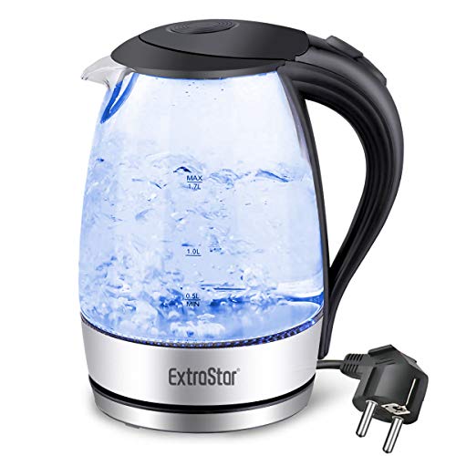 EXTRASTAR Elektrischer Wasserkocher aus Wasserglas mit blauem LED-Licht, bpa, automatischer Abschaltung und Trockenkochschutz 1.7l von EXTRASTAR