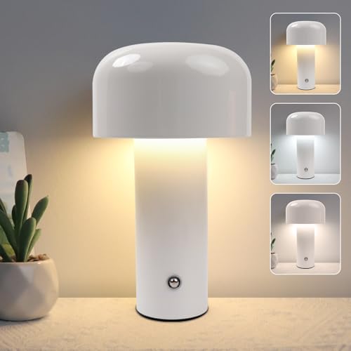 EXTRASTAR LED Pilzlampe, Dimmbar Touch-Tischlampe mit 3 Farbtemperatur und USB-C, Kabellos Tischlampe für Schlafzimmer & Wohnzimmer, Weiß von EXTRASTAR