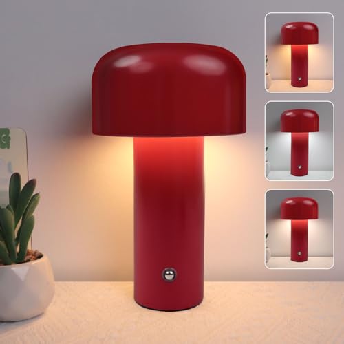 EXTRASTAR LED Pilzlampe, Dimmbar Touch-Tischlampe mit 3 Farbtemperatur und USB-C, Kabellos Tischlampe für Schlafzimmer & Wohnzimmer,Rot von EXTRASTAR