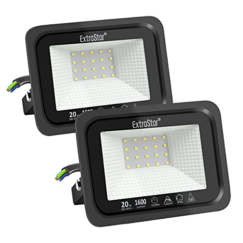 EXTRASTAR 20W LED Strahler Außen 2 Stücke,1600LM 6500K Kaltweiß Superhell Außenstrahler, IP65 Wasserdicht LED Fluter, Außenlampe für Garten, Innenhöfe, Garage, Hotel, Sportplatz von EXTRASTAR