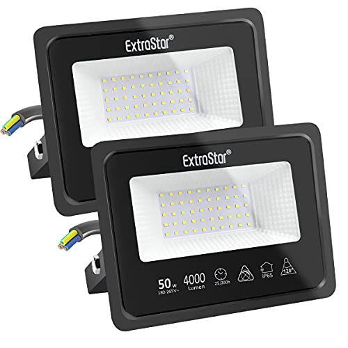 EXTRASTAR 50W LED Strahler Außen 2 Stücke,4000LM 6500K Kaltweiß Superhell Außenstrahler, IP65 Wasserdicht LED Fluter, Außenlampe für Garten, Innenhöfe, Garage, Hotel, Sportplatz von EXTRASTAR