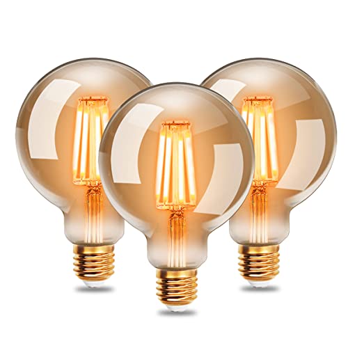EXTRASTAR Edison Vintage Glühbirne, G95 E27 LED Filament Lampe, 4W Ersetzt 40W Glühlampe, 400 LM, 2200K Warmweiß, Amber Glas, Nicht Dimmbar, 3 Stück von EXTRASTAR