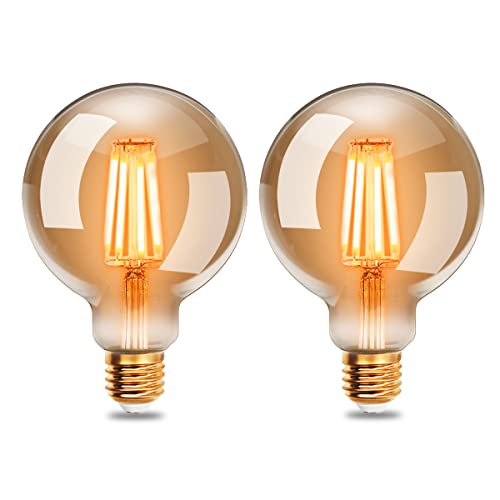 EXTRASTAR Edison Vintage Glühbirne, G95 E27 LED Filament Lampe, 6W Ersetzt 48W Glühlampe, 540 LM, 2200K Warmweiß, Amber Glas, Nicht Dimmbar, 2 Stück von EXTRASTAR