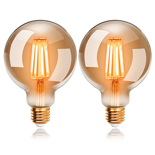 EXTRASTAR Edison Vintage Glühbirne G80W E27 Led Filament Birne,6W Ersetzt 48W,540LM,2200K Warmweiß,Amber Glas, deal für Retro Beleuchtung im Restaurant,Café,Bar,Nicht Dimmbar, 2 Stück von EXTRASTAR