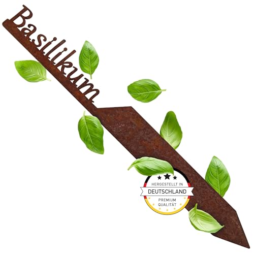 EXTRAVAGANT® Gartenstecker „Basilikum“ Kräuterstecker Kräuterschilder Pflanzenschilder Pflanzenstecker Metall Stahl Rost Edelrost wetterfest für Garten Beet Gartenschilder Gartendeko Roststecker von EXTRAVAGANT