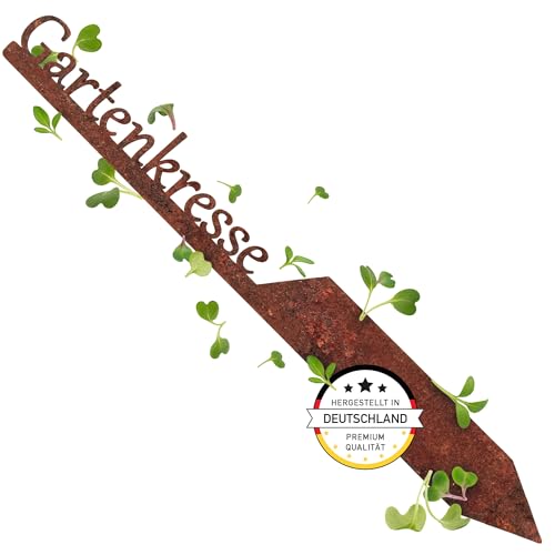 EXTRAVAGANT® Gartenstecker „Gartenkresse“ Kräuterstecker Kräuterschilder Pflanzenschilder Pflanzenstecker Metall Stahl Rost Edelrost wetterfest für Garten Beet Gartenschilder Gartendeko Roststecker von EXTRAVAGANT